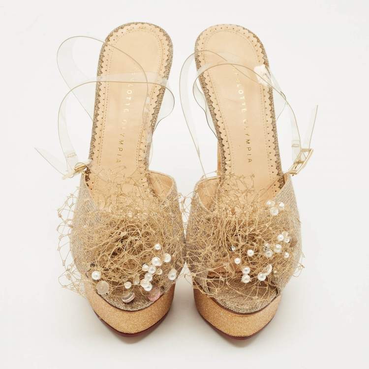 Pre Owned Charlotte Olympia Gold Canvas and Glitter Embellished Ankle Strap Sandals Size 40