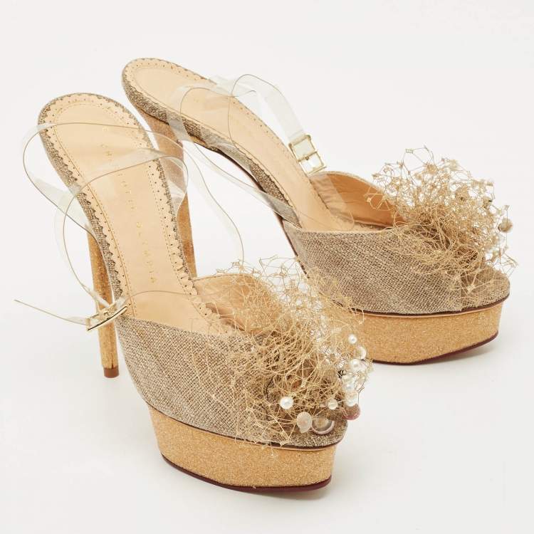 Pre Owned Charlotte Olympia Gold Canvas and Glitter Embellished Ankle Strap Sandals Size 40