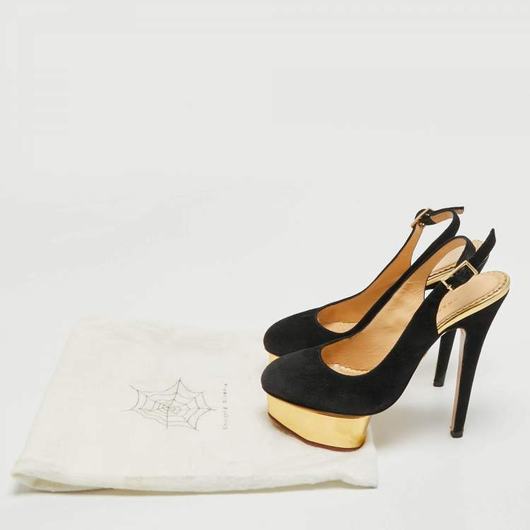 Pre Owned Charlotte Olympia Black Suede Dolly Platform Slingback Pumps Size 35