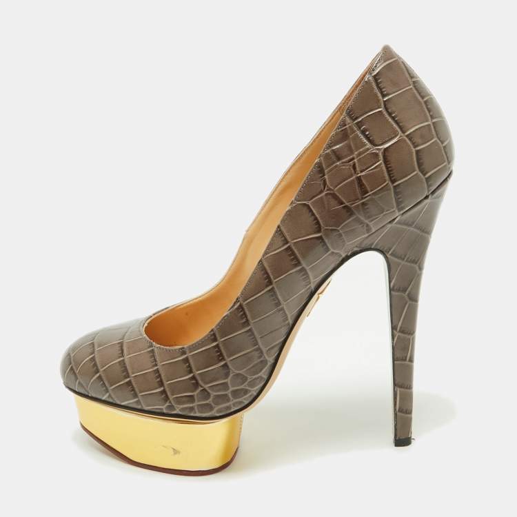 Pre Owned Charlotte Olympia Grey Croc Embossed Leather Dolly Platform Pumps Size 39