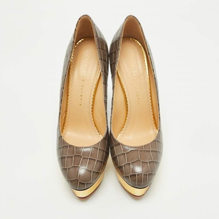 Pre Owned Charlotte Olympia Grey Croc Embossed Leather Dolly Platform Pumps Size 39