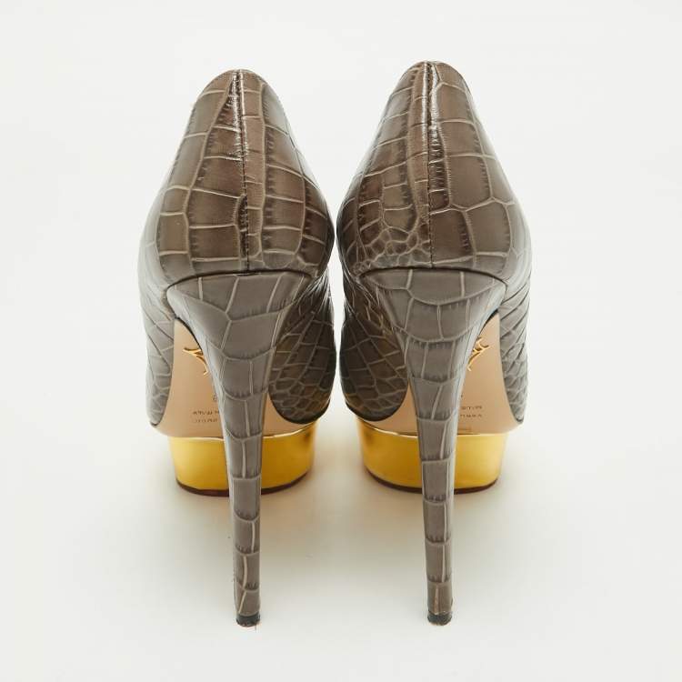 Pre Owned Charlotte Olympia Grey Croc Embossed Leather Dolly Platform Pumps Size 39