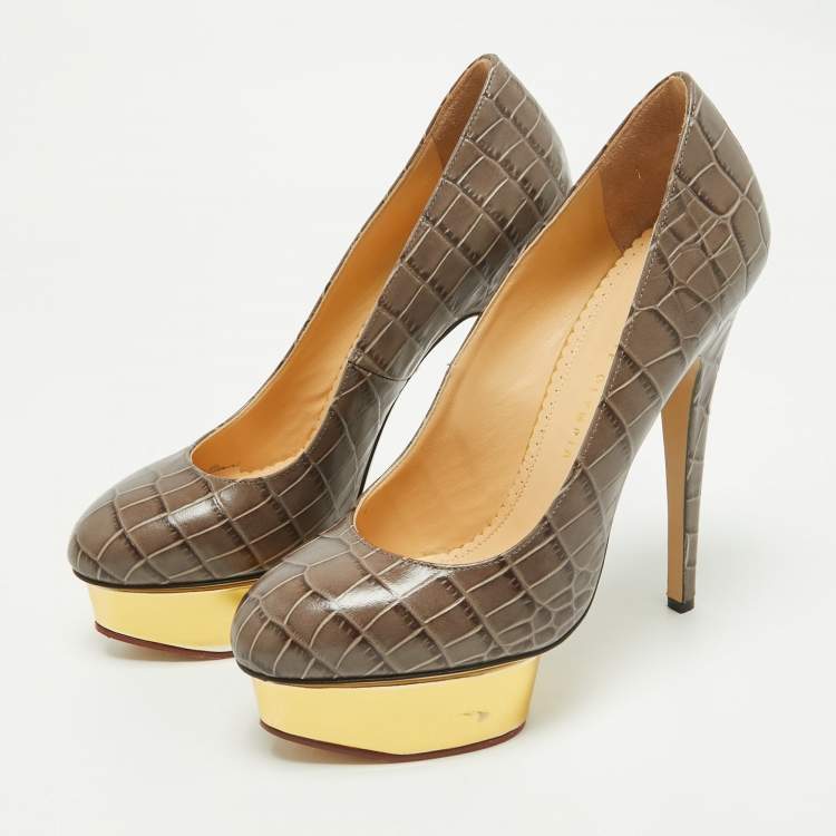 Pre Owned Charlotte Olympia Grey Croc Embossed Leather Dolly Platform Pumps Size 39