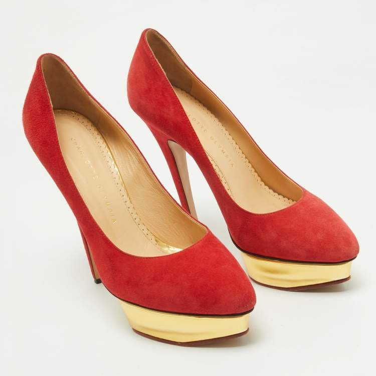 Pre Owned Charlotte Olympia Red Suede Dolly Platform Pumps Size 39
