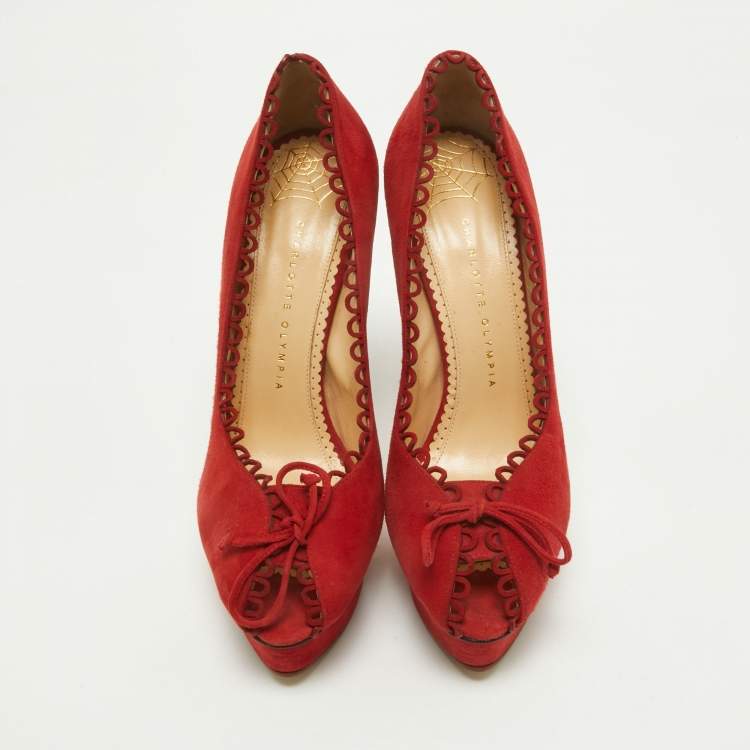 Pre Owned Charlotte Olympia Red Suede Daphne Scalloped Trim Peep Toe Platform Pumps Size 40