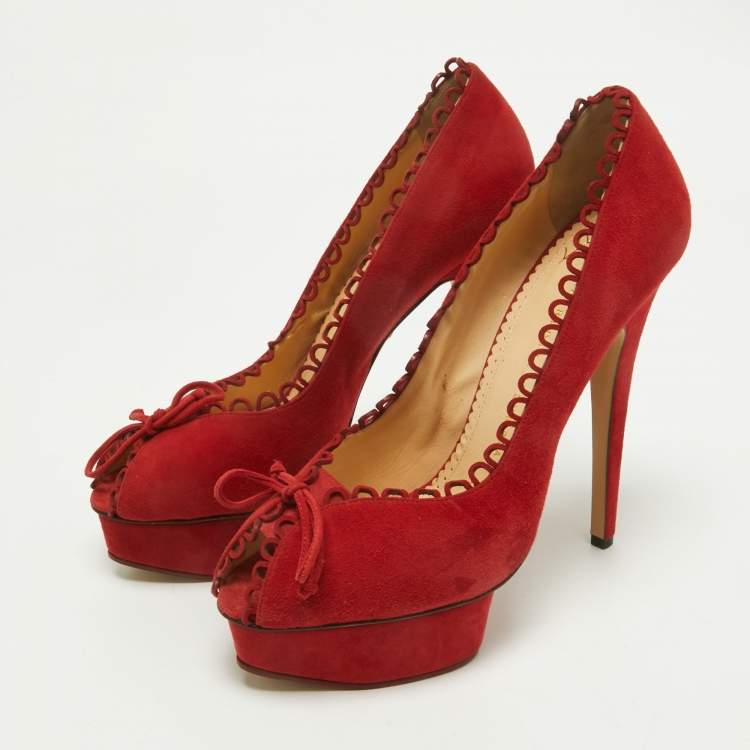 Pre Owned Charlotte Olympia Red Suede Daphne Scalloped Trim Peep Toe Platform Pumps Size 40