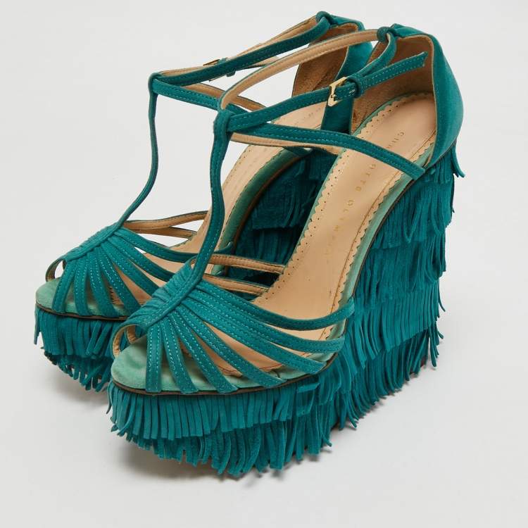 Pre Owned Charlotte Olympia Blue Suede Winona Fringe Wedge Sandals Size 39