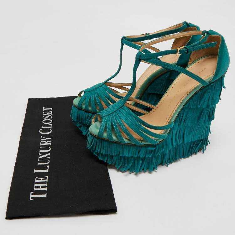 Pre Owned Charlotte Olympia Blue Suede Winona Fringe Wedge Sandals Size 39