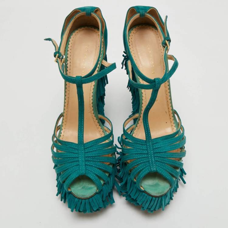 Pre Owned Charlotte Olympia Blue Suede Winona Fringe Wedge Sandals Size 39