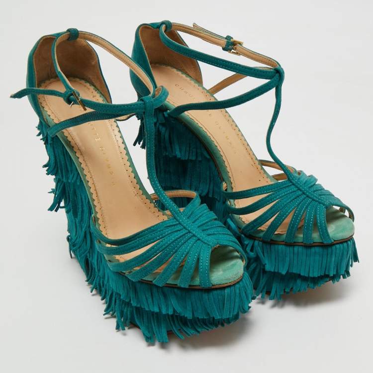 Pre Owned Charlotte Olympia Blue Suede Winona Fringe Wedge Sandals Size 39
