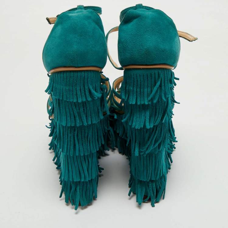 Pre Owned Charlotte Olympia Blue Suede Winona Fringe Wedge Sandals Size 39
