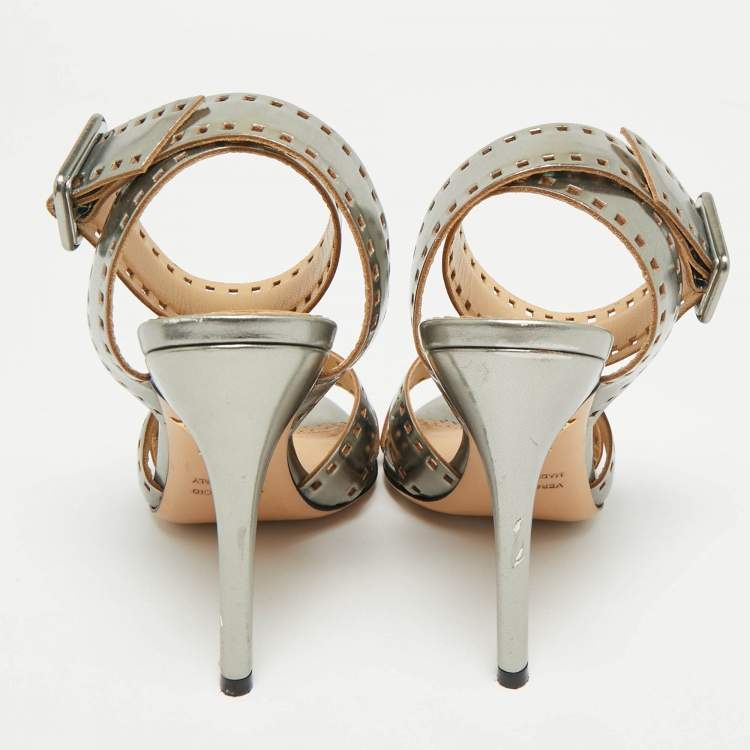 Pre Owned Charlotte Olympia Silver Leather Lasercut Crisscross Ankle Strap Sandals Size 34