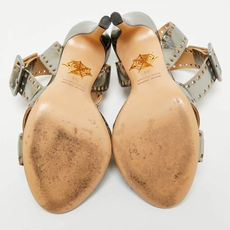 Pre Owned Charlotte Olympia Silver Leather Lasercut Crisscross Ankle Strap Sandals Size 34