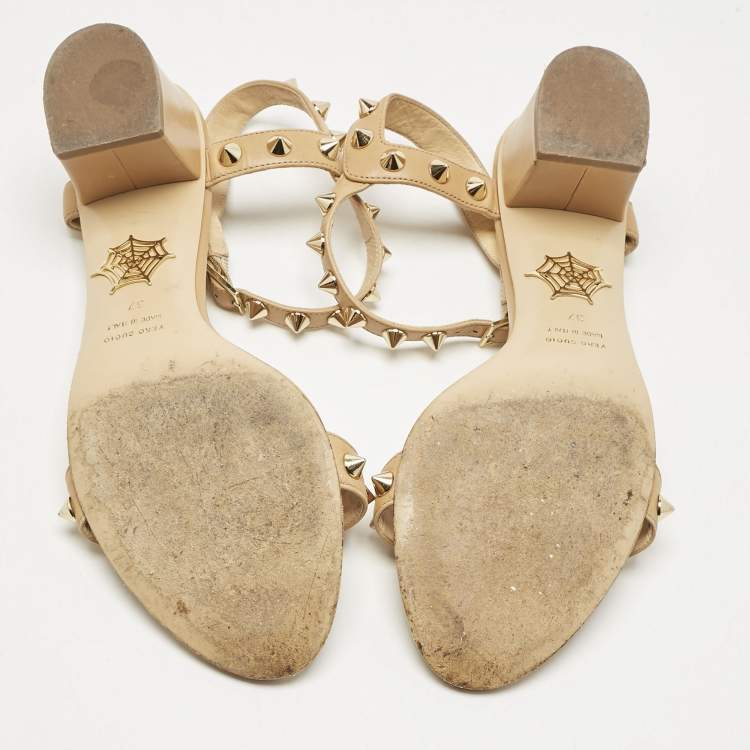 Pre Owned Charlotte Olympia Tan Leather Spike Embellished Ankle Strap Sandals Size 37