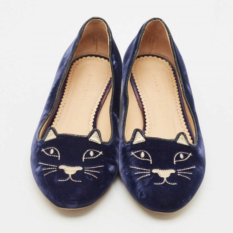 Pre Owned Charlotte Olympia Navy Blue Fabric Kitty Smoking Slippers Size 36.5