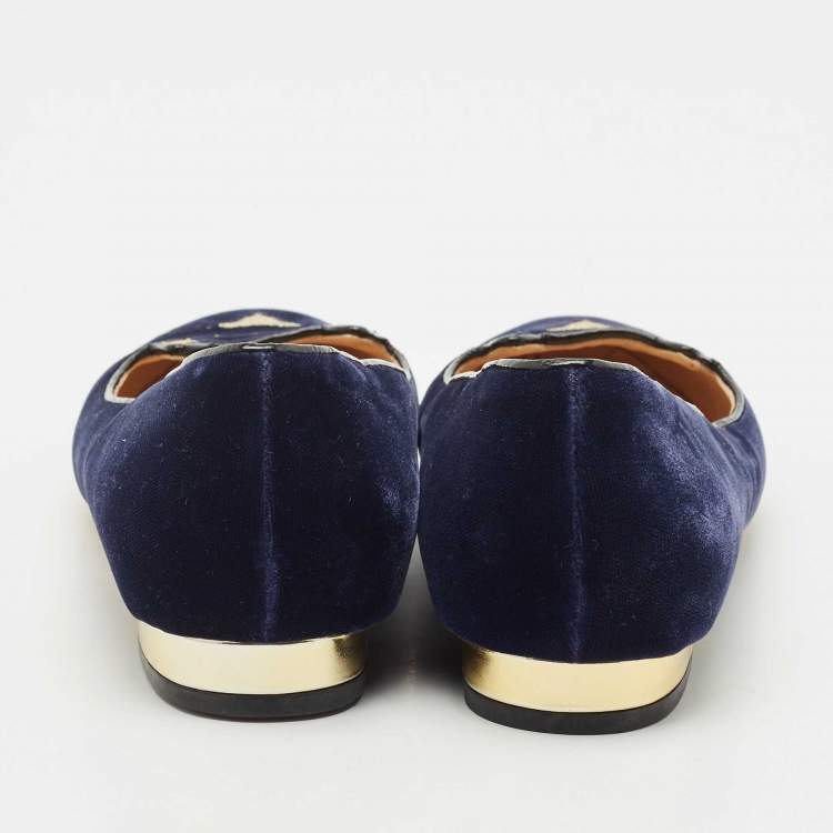 Pre Owned Charlotte Olympia Navy Blue Fabric Kitty Smoking Slippers Size 36.5