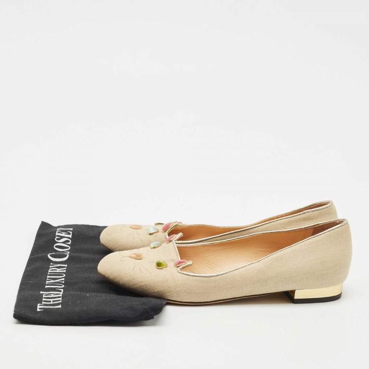 Pre Owned Charlotte Olympia Beige Canvas Smoking Slippers Size 37