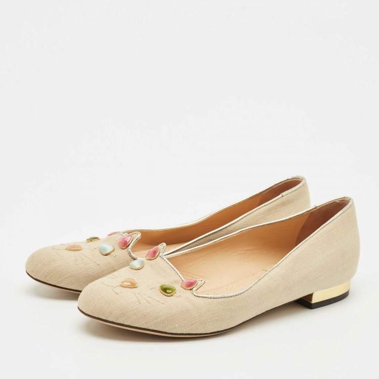 Pre Owned Charlotte Olympia Beige Canvas Smoking Slippers Size 37