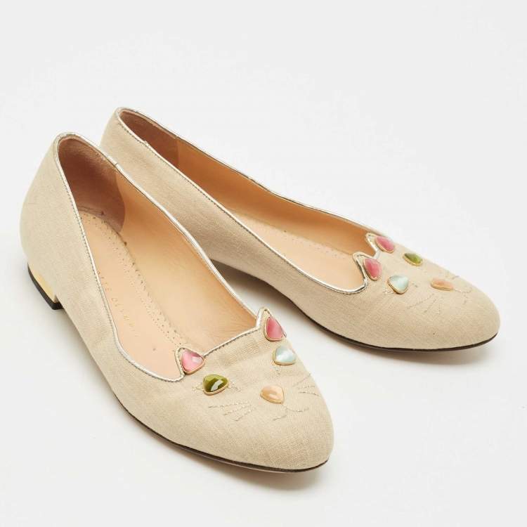 Pre Owned Charlotte Olympia Beige Canvas Smoking Slippers Size 37