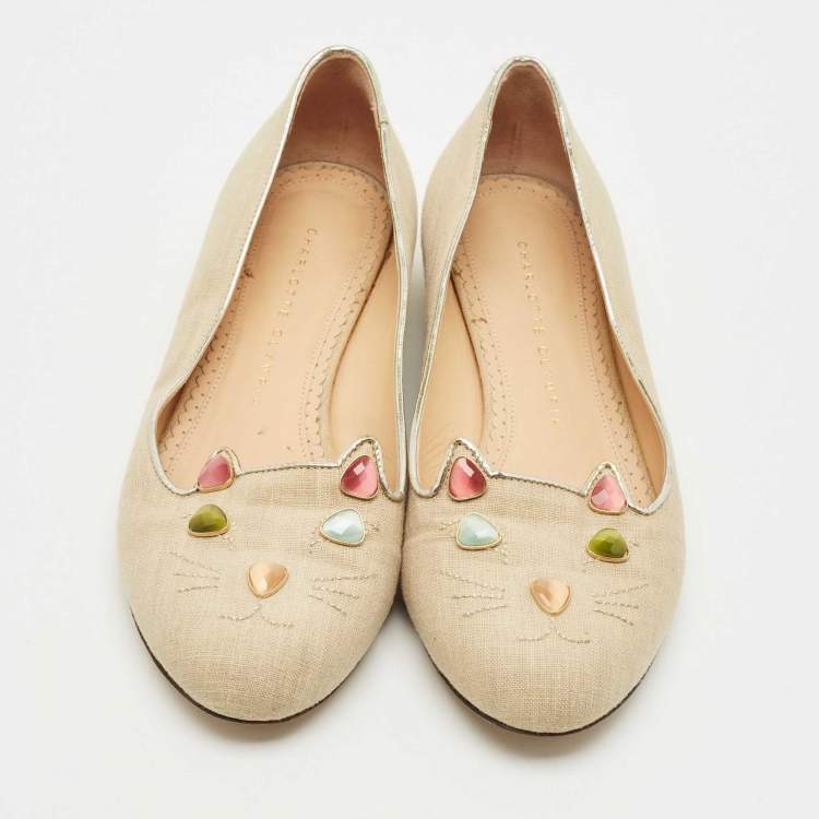 Pre Owned Charlotte Olympia Beige Canvas Smoking Slippers Size 37