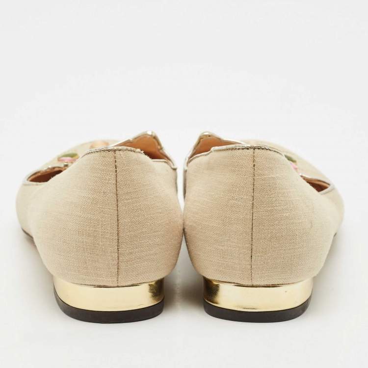 Pre Owned Charlotte Olympia Beige Canvas Smoking Slippers Size 37