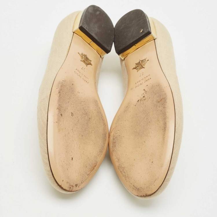 Pre Owned Charlotte Olympia Beige Canvas Smoking Slippers Size 37