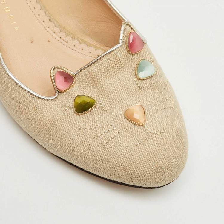 Pre Owned Charlotte Olympia Beige Canvas Smoking Slippers Size 37
