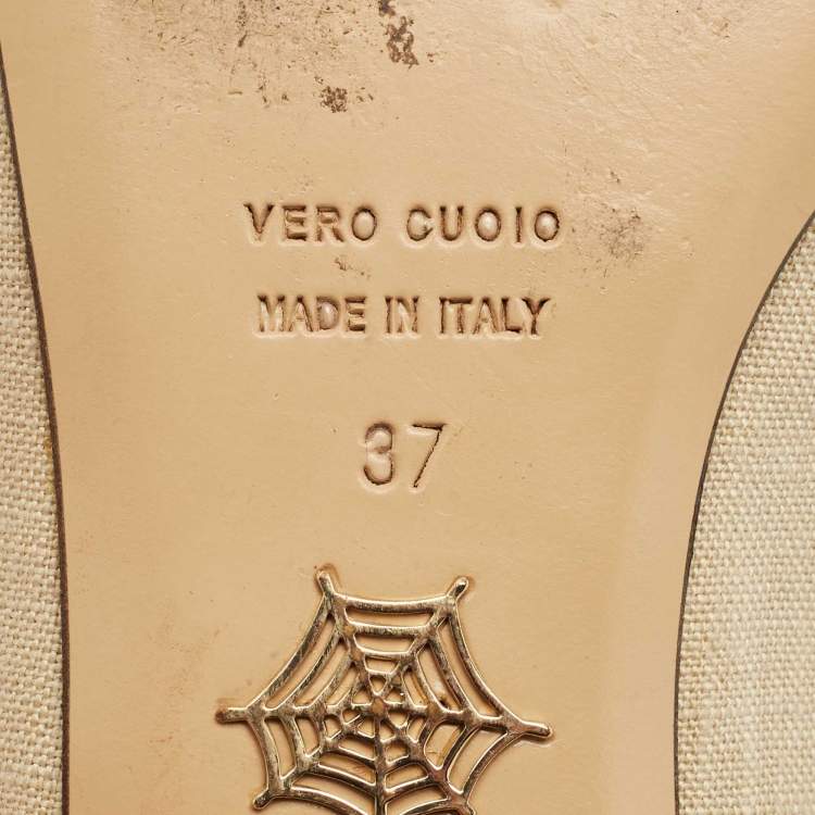 Pre Owned Charlotte Olympia Beige Canvas Smoking Slippers Size 37