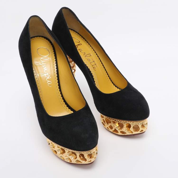 Pre Owned Charlotte Olympia Black Suede Gold Sculptured Heel Objets D'Art Platform Pumps Size 37