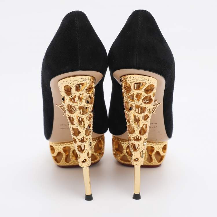 Pre Owned Charlotte Olympia Black Suede Gold Sculptured Heel Objets D'Art Platform Pumps Size 37