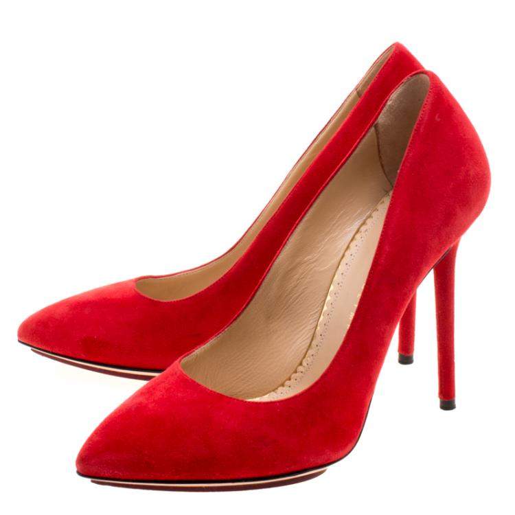 Pre Owned Charlotte Olympia Red Suede Monroe Pointed Toe Pumps Size 38.5
