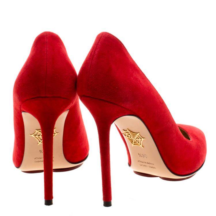 Pre Owned Charlotte Olympia Red Suede Monroe Pointed Toe Pumps Size 38.5