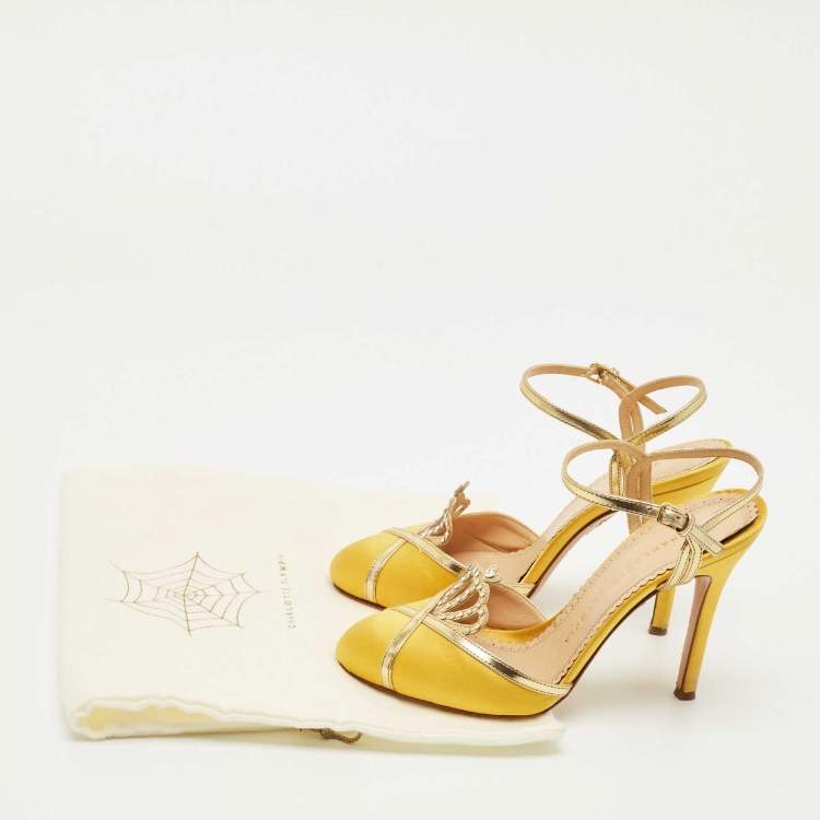 Pre Owned Charlotte Olympia Yellow Leather and Satin Queenie Ankle Strap Pumps Size 36