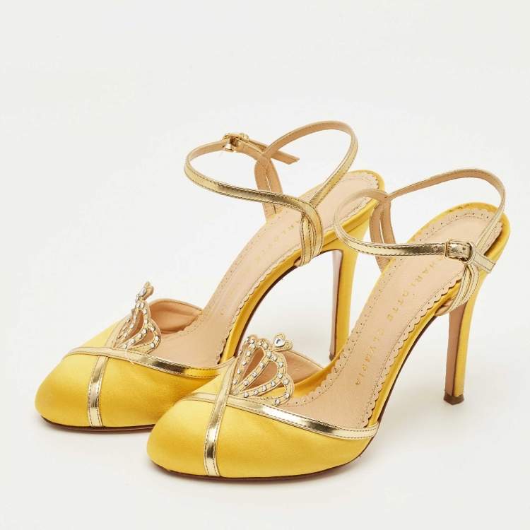 Pre Owned Charlotte Olympia Yellow Leather and Satin Queenie Ankle Strap Pumps Size 36
