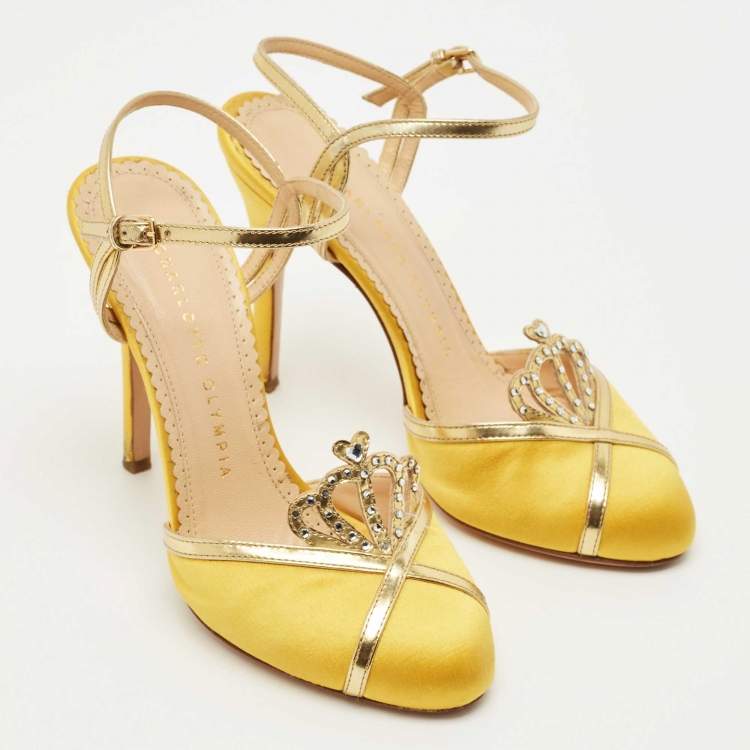 Pre Owned Charlotte Olympia Yellow Leather and Satin Queenie Ankle Strap Pumps Size 36