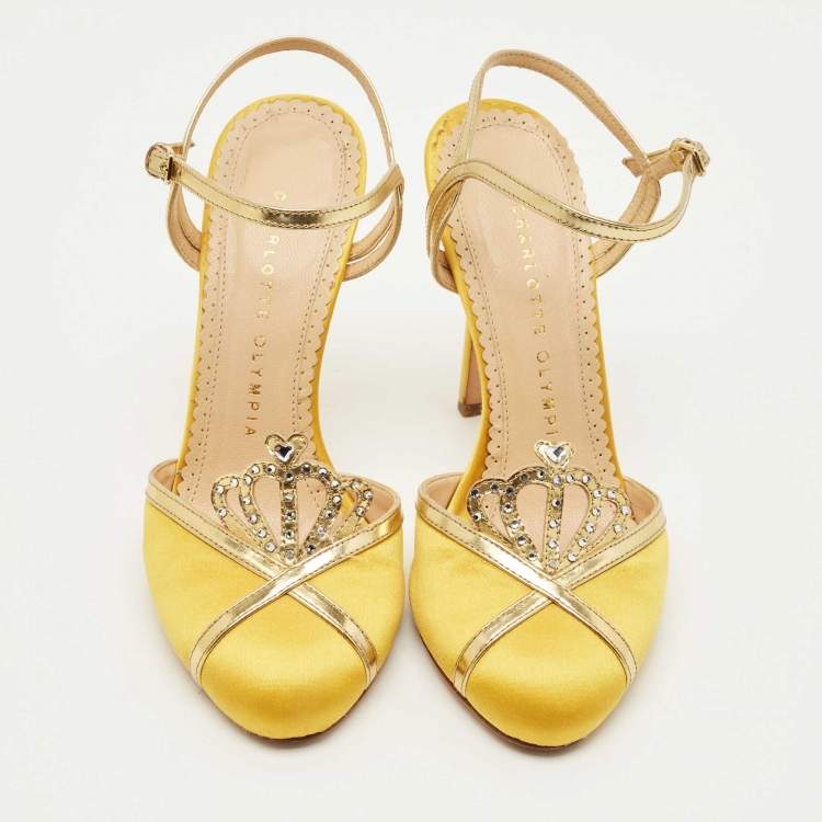 Pre Owned Charlotte Olympia Yellow Leather and Satin Queenie Ankle Strap Pumps Size 36