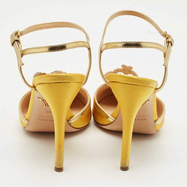 Pre Owned Charlotte Olympia Yellow Leather and Satin Queenie Ankle Strap Pumps Size 36