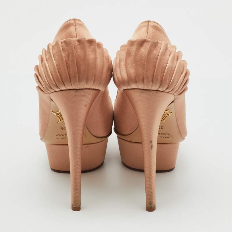 Pre Owned Charlotte Olympia Metallic Bronze Satin Paloma Fan Pleat Platform Pumps Size 35.5