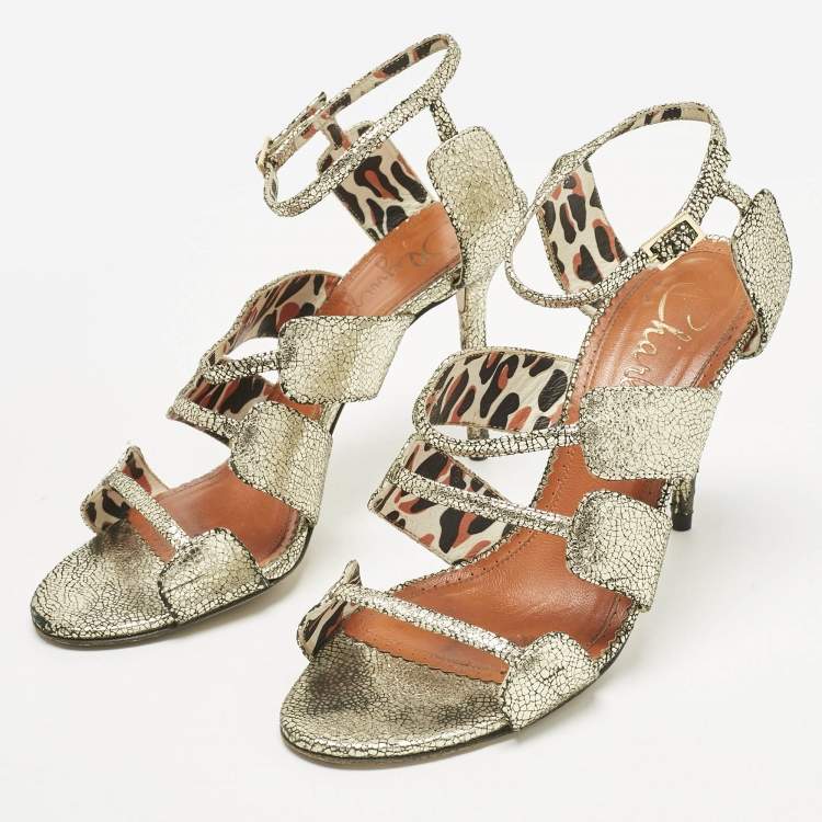 Pre Owned Charlotte Olympia Gold Texture Leather Ankle Strap Sandals Size 39