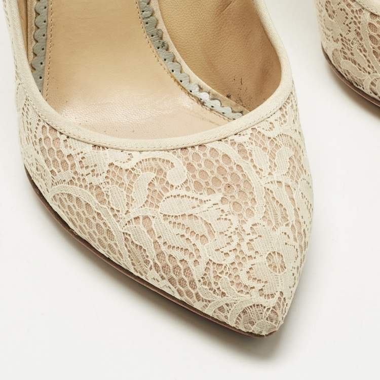 Pre Owned Charlotte Olympia Beige Lace and Mesh Monroe Pointed Toe Pumps Size 41