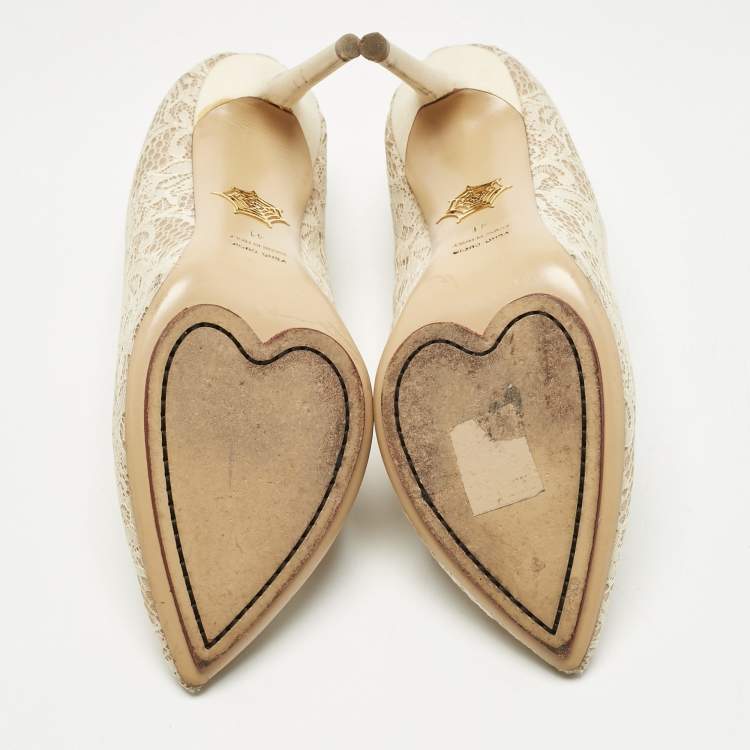 Pre Owned Charlotte Olympia Beige Lace and Mesh Monroe Pointed Toe Pumps Size 41