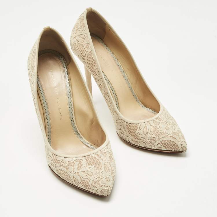 Pre Owned Charlotte Olympia Beige Lace and Mesh Monroe Pointed Toe Pumps Size 41