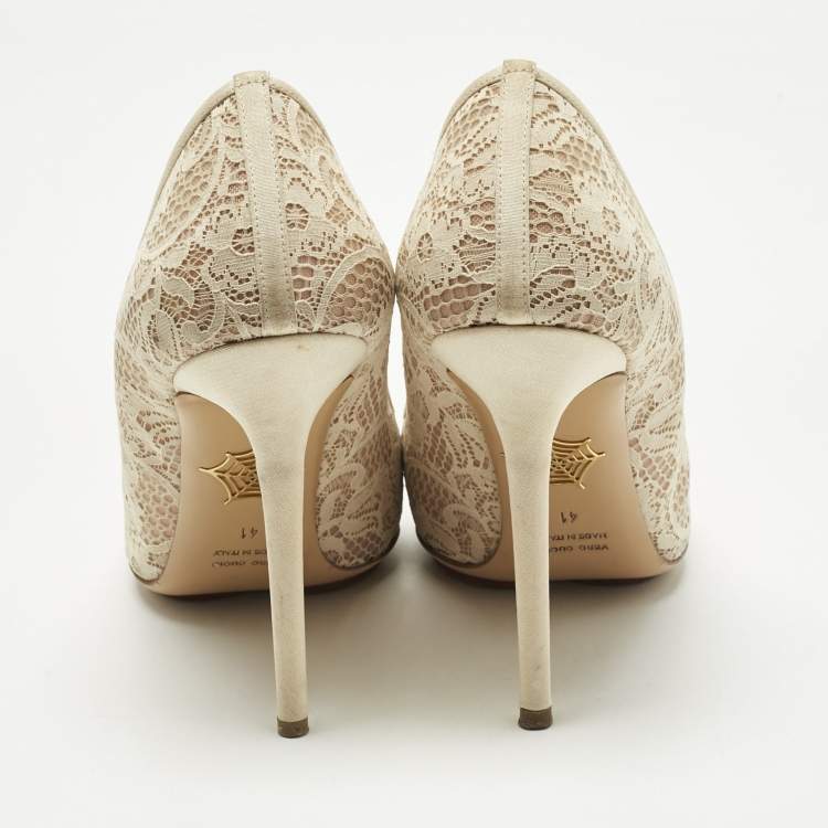 Pre Owned Charlotte Olympia Beige Lace and Mesh Monroe Pointed Toe Pumps Size 41