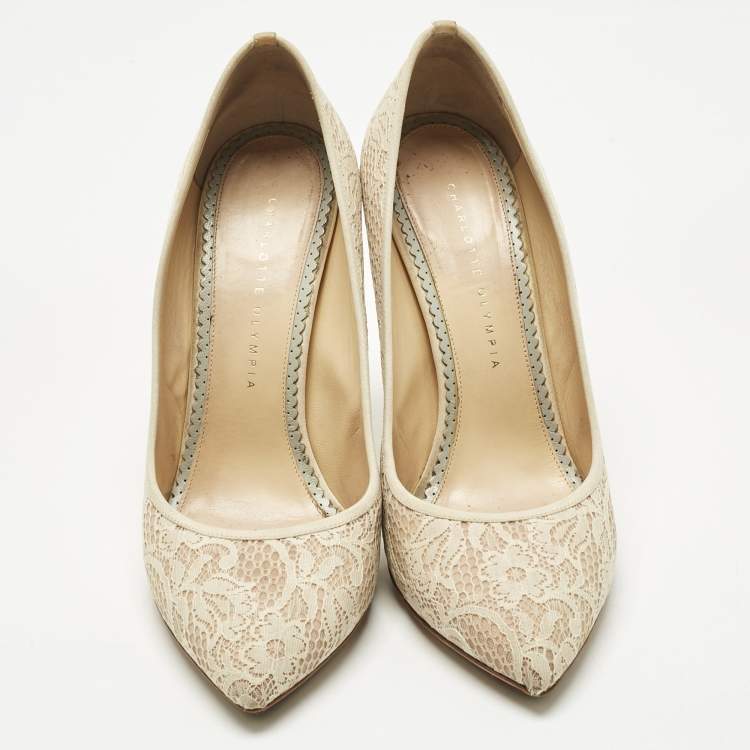 Pre Owned Charlotte Olympia Beige Lace and Mesh Monroe Pointed Toe Pumps Size 41