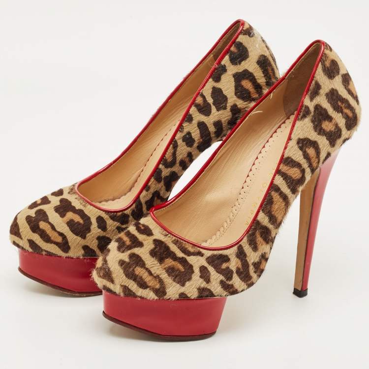 Pre Owned Charlotte Olympia Beige/Brown Calf Hair Polly Platform Pumps Size 36.5