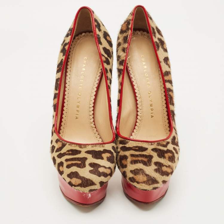 Pre Owned Charlotte Olympia Beige/Brown Calf Hair Polly Platform Pumps Size 36.5