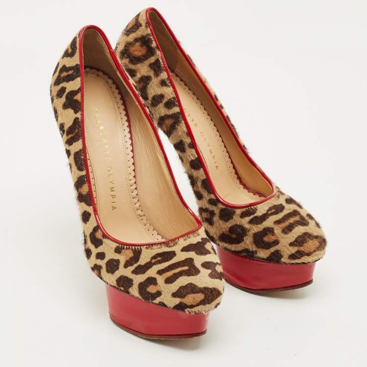 Pre Owned Charlotte Olympia Beige/Brown Calf Hair Polly Platform Pumps Size 36.5