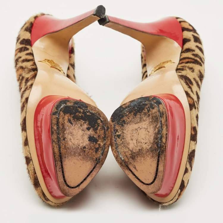 Pre Owned Charlotte Olympia Beige/Brown Calf Hair Polly Platform Pumps Size 36.5