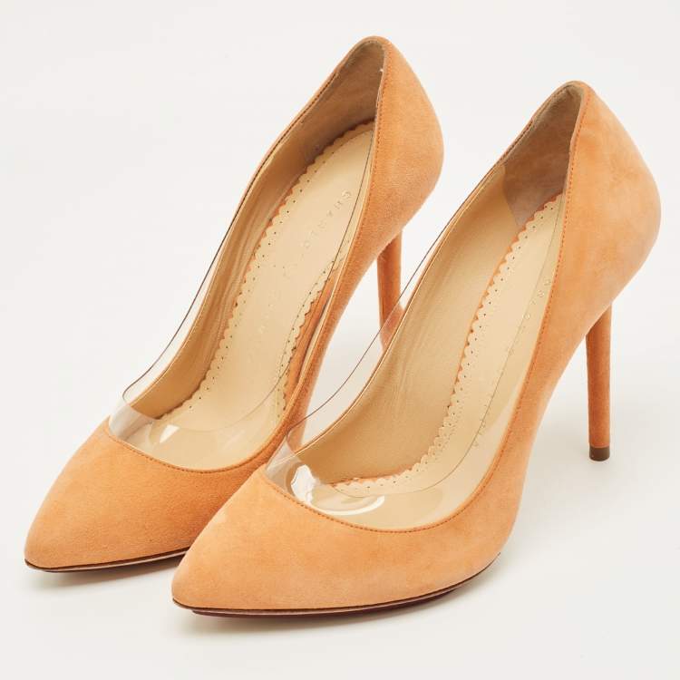 Pre Owned Charlotte Olympia Orange Suede and PVC Dolly Pointed Toe Pumps Size 36.5
