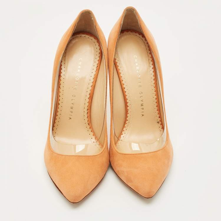Pre Owned Charlotte Olympia Orange Suede and PVC Dolly Pointed Toe Pumps Size 36.5